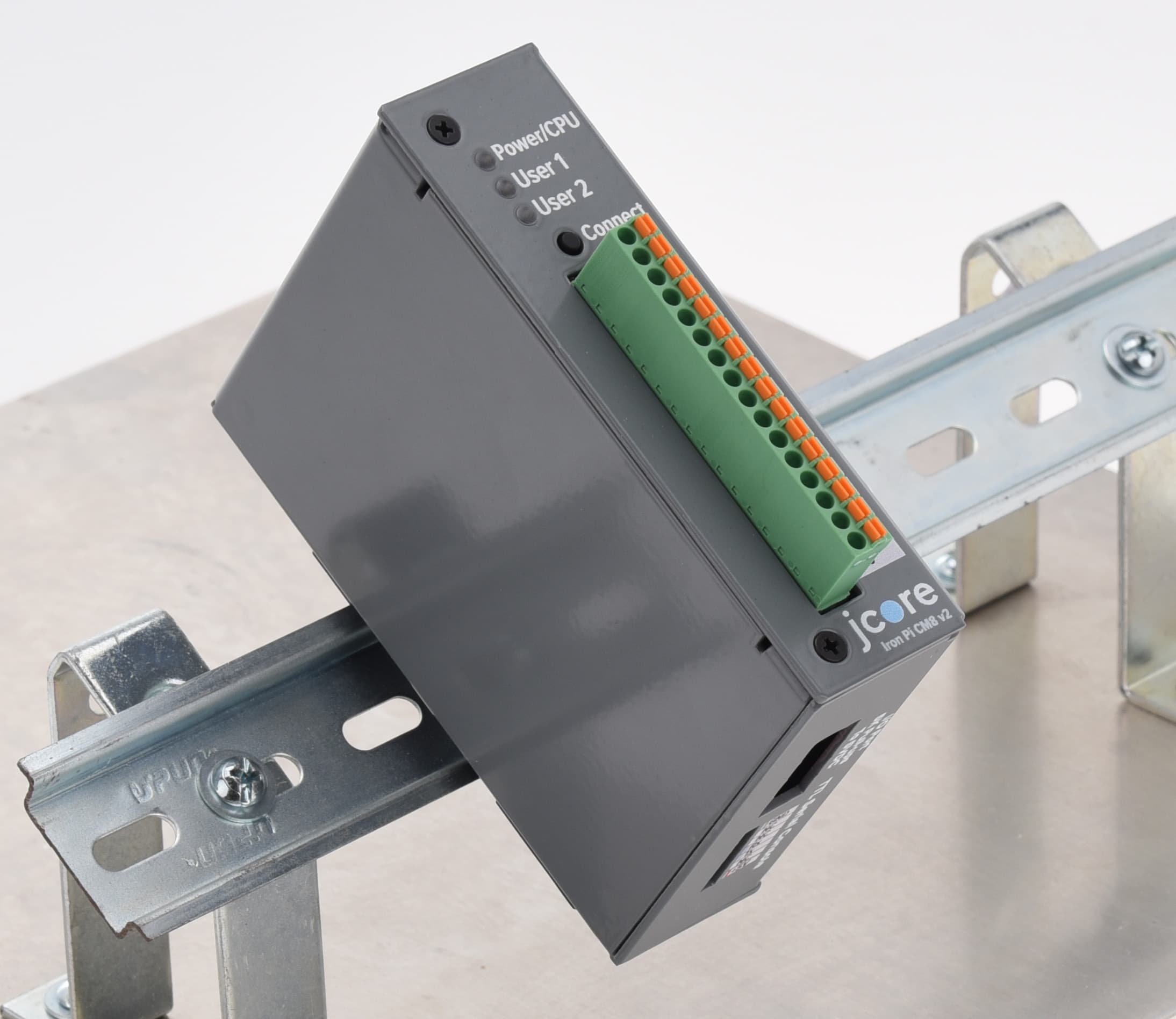 Side view of Iron Pi on DIN rail.