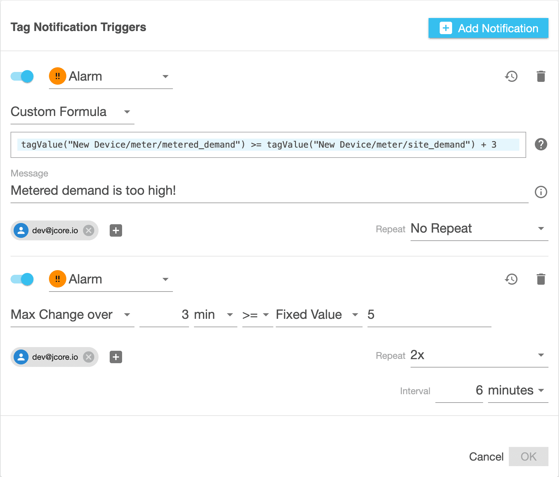 Smart notification creation dialog from Clarity.