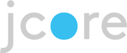 JCore logo with grey text and blue filled letter "o" in center.